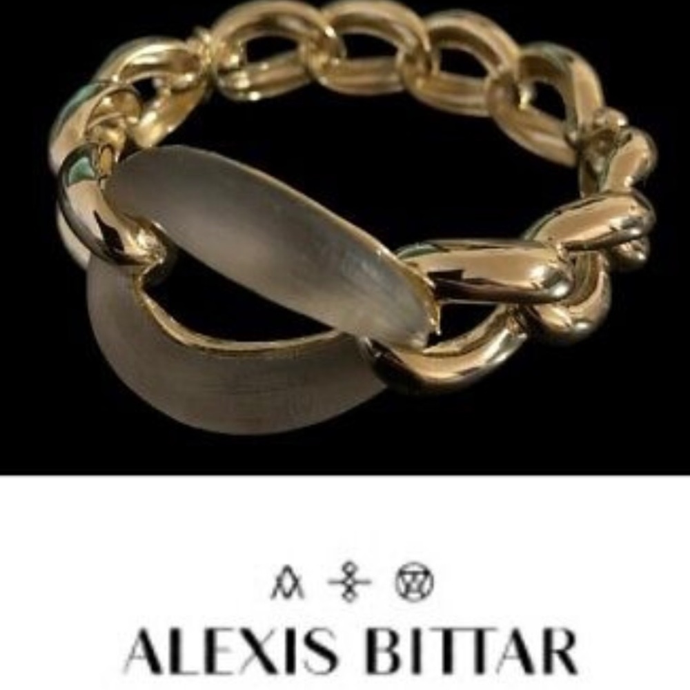 🎃 Alexis Bittar Metallic Gray Lucite Gold-Tone Chain Link Bangle Bracelet